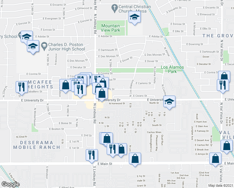 map of restaurants, bars, coffee shops, grocery stores, and more near 2921 East Cicero Street in Mesa