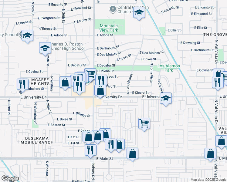 map of restaurants, bars, coffee shops, grocery stores, and more near 2921 East Cicero Street in Mesa