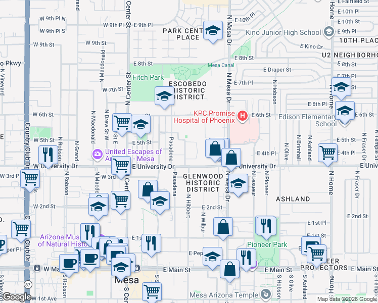 map of restaurants, bars, coffee shops, grocery stores, and more near 414 North Hibbert in Mesa