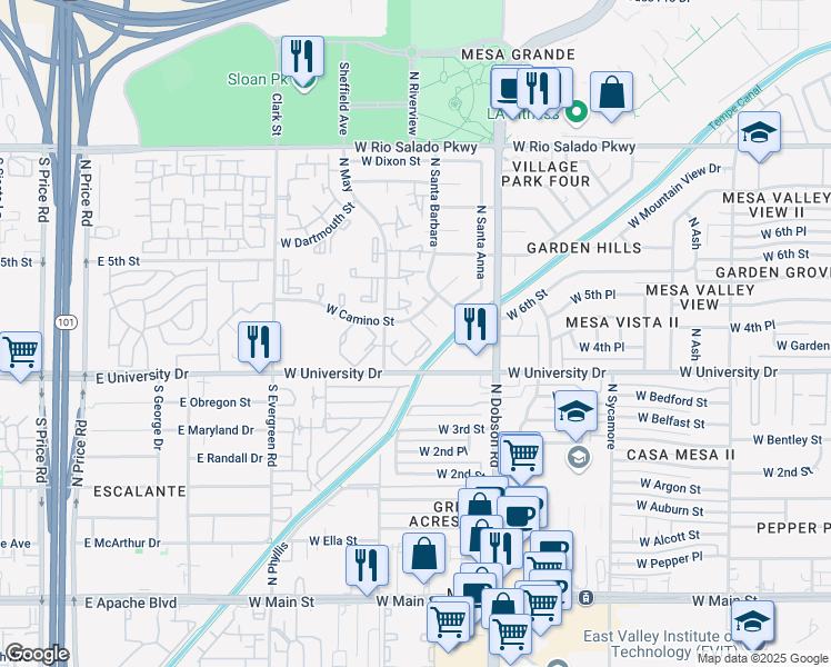 map of restaurants, bars, coffee shops, grocery stores, and more near 2240 West University Drive in Mesa