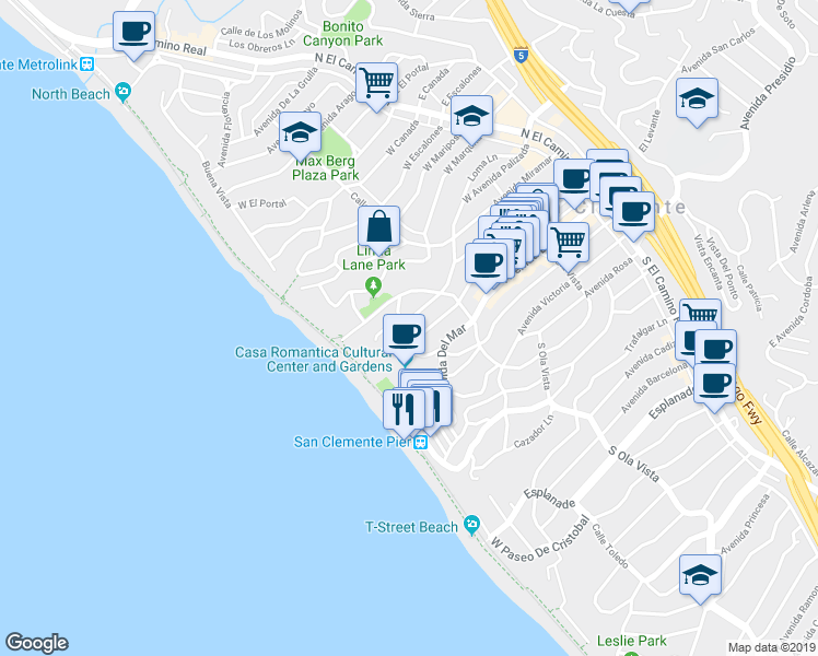map of restaurants, bars, coffee shops, grocery stores, and more near 327 Avenida Cabrillo in San Clemente