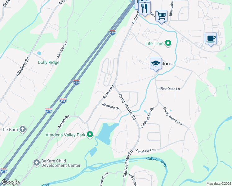map of restaurants, bars, coffee shops, grocery stores, and more near 4117 Nekoosa Circle in Birmingham