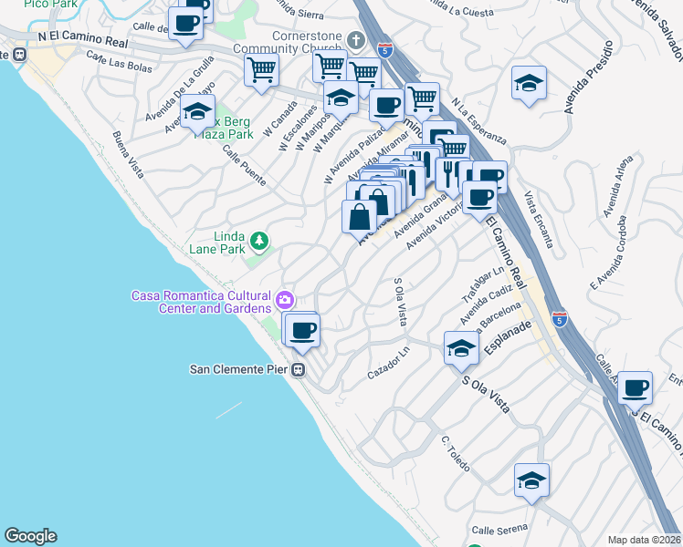 map of restaurants, bars, coffee shops, grocery stores, and more near 301 Avenida Del Mar in San Clemente