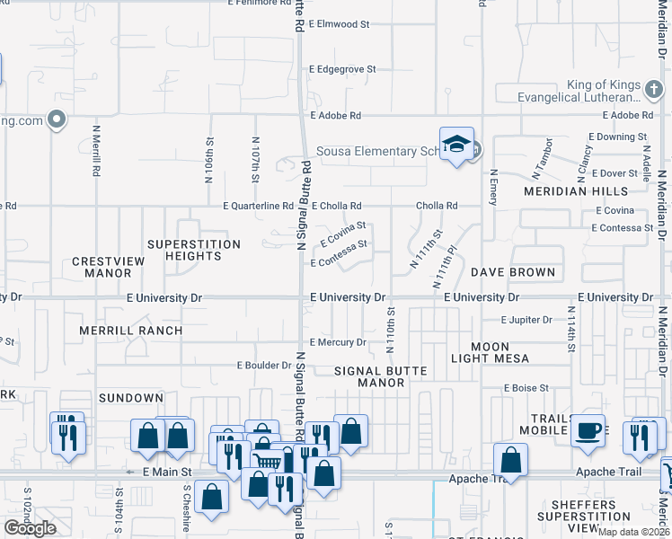 map of restaurants, bars, coffee shops, grocery stores, and more near 10825 East Contessa Street in Mesa