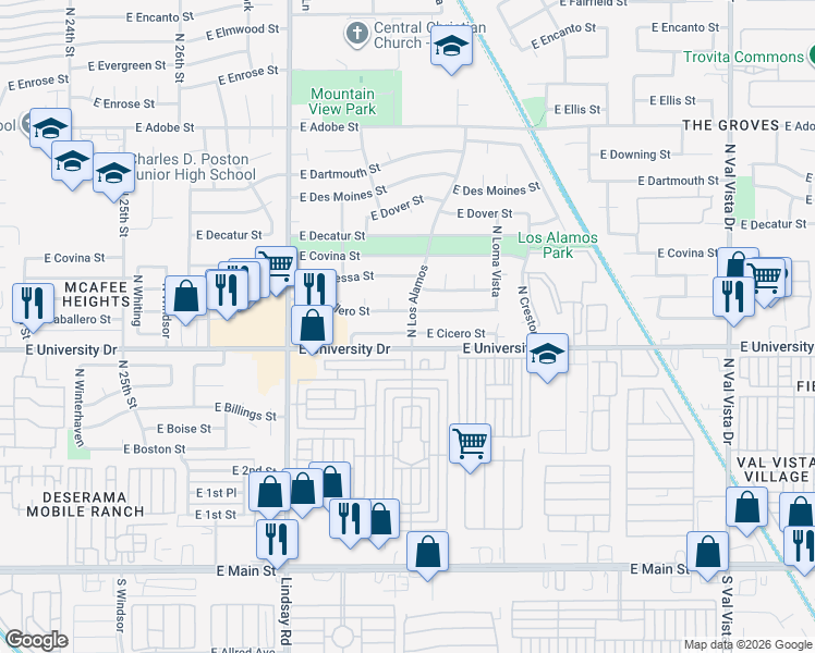 map of restaurants, bars, coffee shops, grocery stores, and more near 3012 East Cicero Street in Mesa