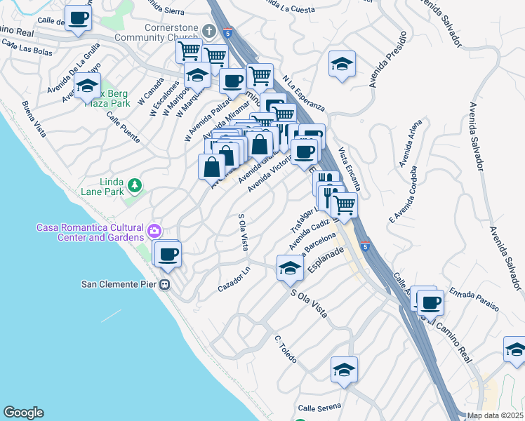 map of restaurants, bars, coffee shops, grocery stores, and more near 228 Avenida Santa Barbara in San Clemente