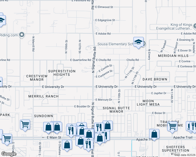 map of restaurants, bars, coffee shops, grocery stores, and more near 10825 East Contessa Street in Mesa