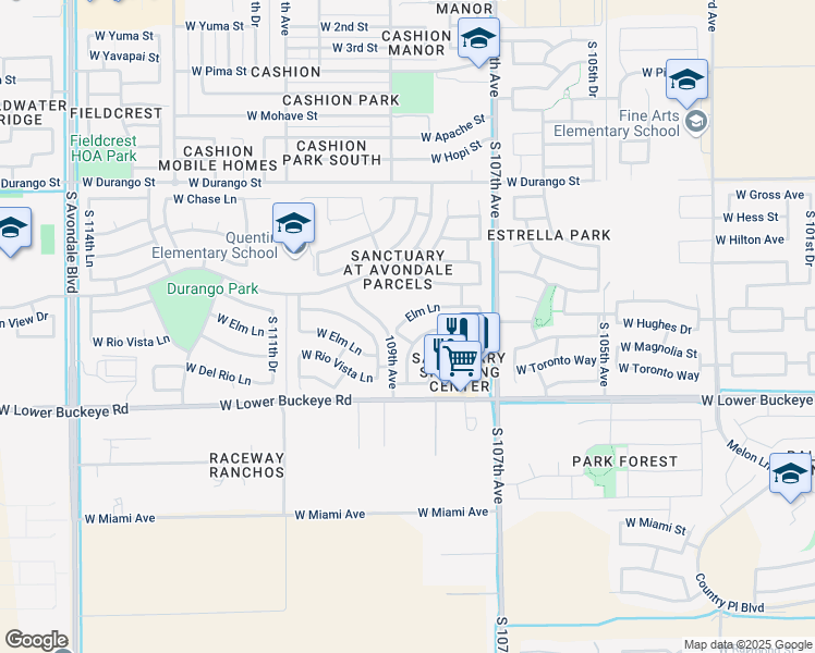 map of restaurants, bars, coffee shops, grocery stores, and more near 10825 West Elm Lane in Avondale