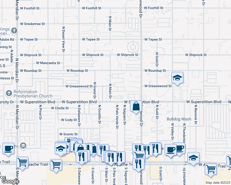 map of restaurants, bars, coffee shops, grocery stores, and more near 1933 West Road Agent Street in Apache Junction