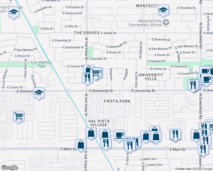 map of restaurants, bars, coffee shops, grocery stores, and more near 3716 East University Drive in Mesa