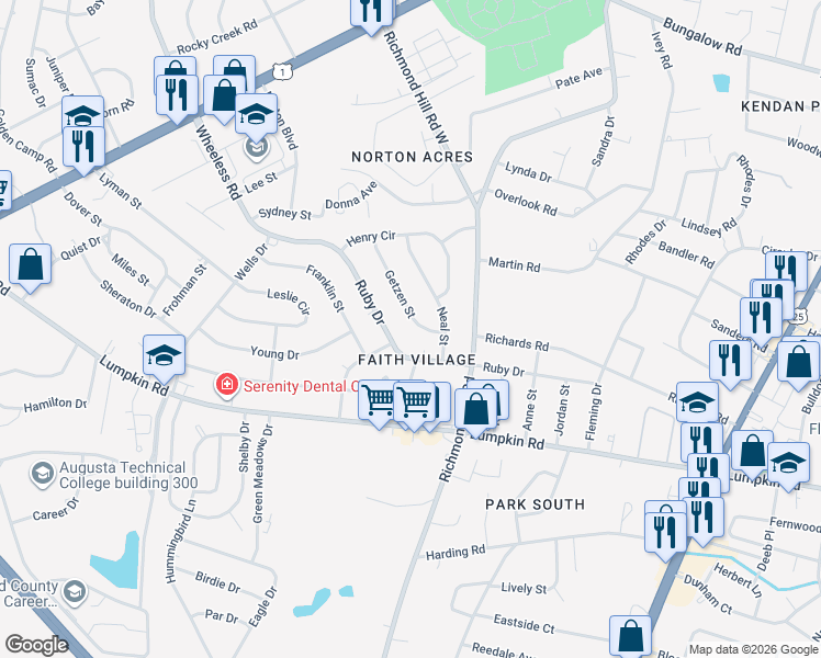 map of restaurants, bars, coffee shops, grocery stores, and more near 2310 Getzen Street in Augusta