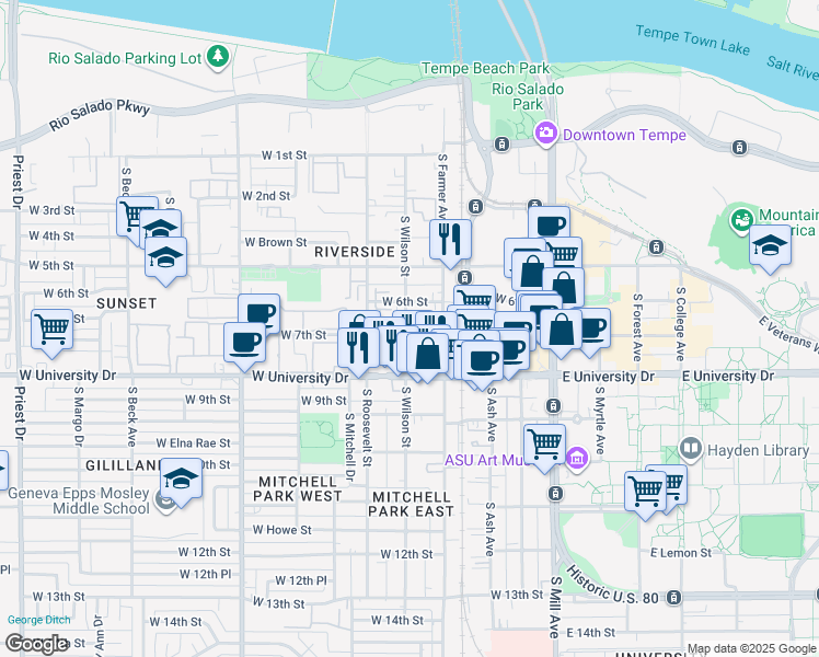 map of restaurants, bars, coffee shops, grocery stores, and more near 407 West 7th Street in Tempe