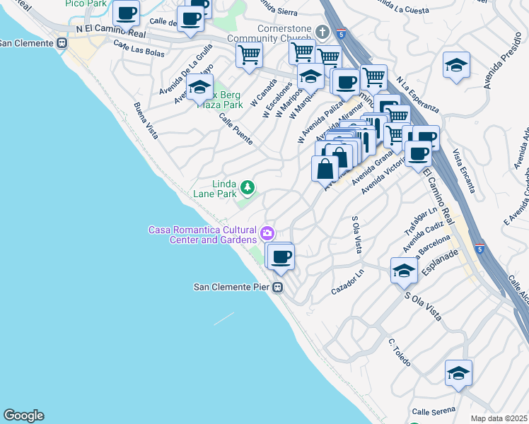 map of restaurants, bars, coffee shops, grocery stores, and more near 401 Arenoso Lane in San Clemente
