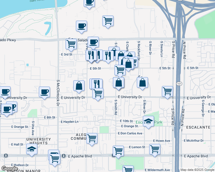 map of restaurants, bars, coffee shops, grocery stores, and more near 1992 East University Drive in Tempe