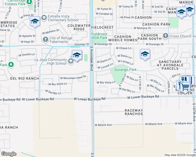 map of restaurants, bars, coffee shops, grocery stores, and more near 2527 South 114th Lane in Avondale
