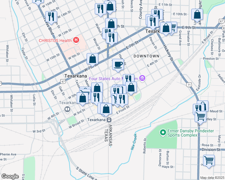map of restaurants, bars, coffee shops, grocery stores, and more near 300 Olive Street in Texarkana