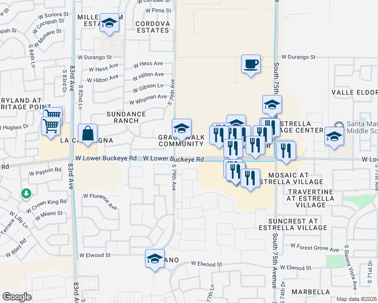 map of restaurants, bars, coffee shops, grocery stores, and more near 7836 West Lower Buckeye Road in Phoenix