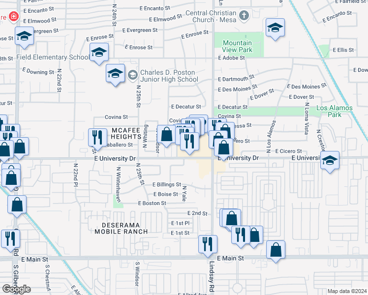 map of restaurants, bars, coffee shops, grocery stores, and more near 2644 East University Drive in Mesa