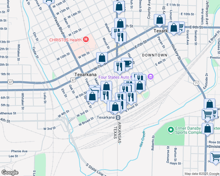map of restaurants, bars, coffee shops, grocery stores, and more near 420 Pine Street in Texarkana