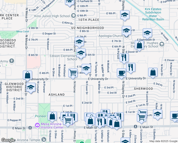 map of restaurants, bars, coffee shops, grocery stores, and more near 424 North Fraser Drive in Mesa