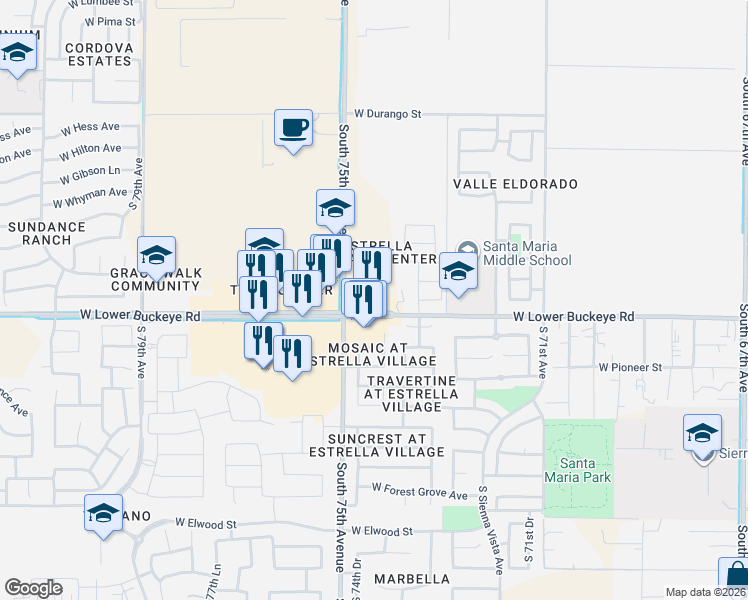 map of restaurants, bars, coffee shops, grocery stores, and more near 7450 West Lower Buckeye Road in Phoenix