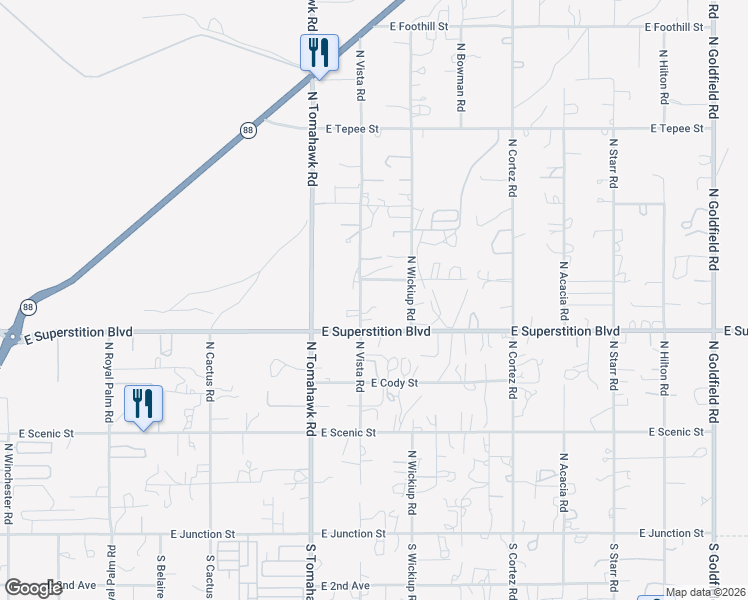 map of restaurants, bars, coffee shops, grocery stores, and more near 842 North Vista Road in Apache Junction