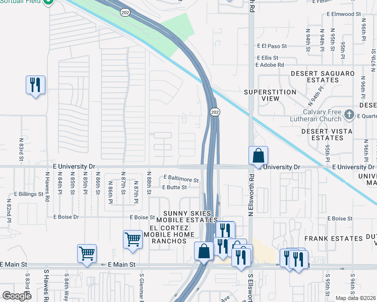 map of restaurants, bars, coffee shops, grocery stores, and more near 8954-8998 E University Dr in Mesa