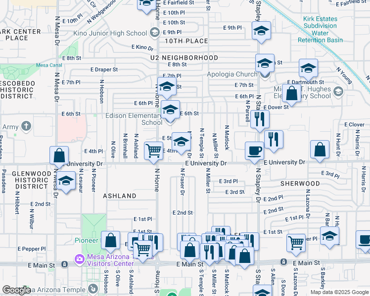 map of restaurants, bars, coffee shops, grocery stores, and more near 424 North Fraser Drive in Mesa