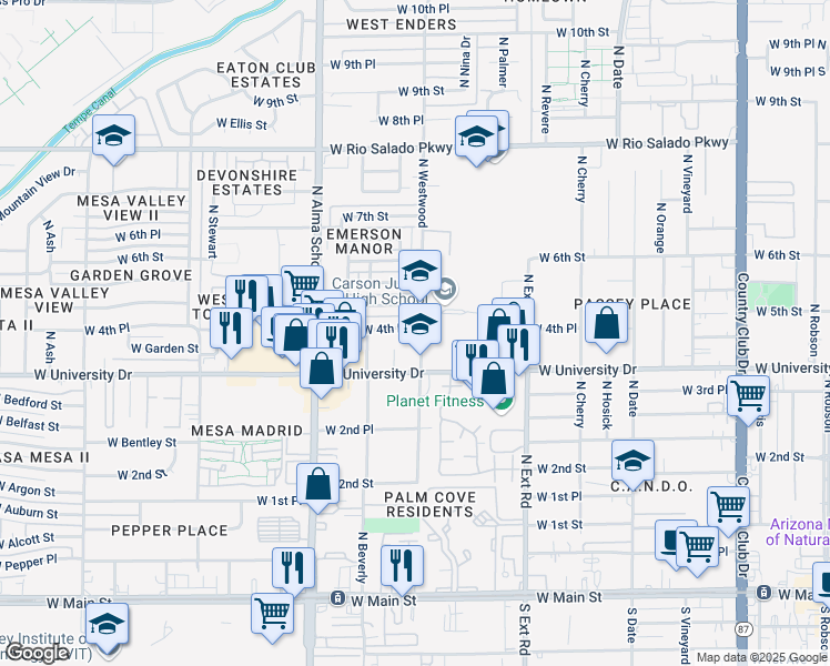 map of restaurants, bars, coffee shops, grocery stores, and more near 415 North Westwood in Mesa