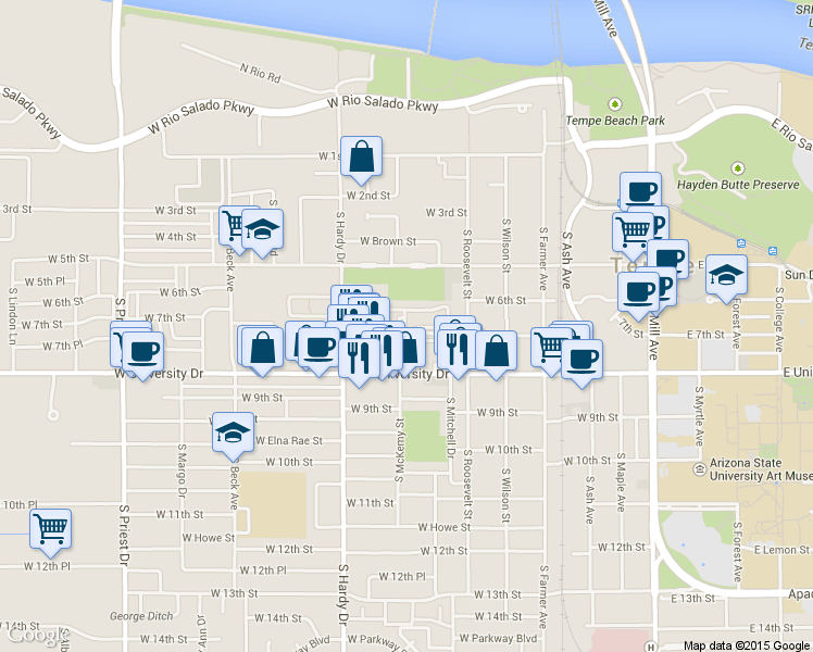 map of restaurants, bars, coffee shops, grocery stores, and more near 777 South College Avenue in Tempe