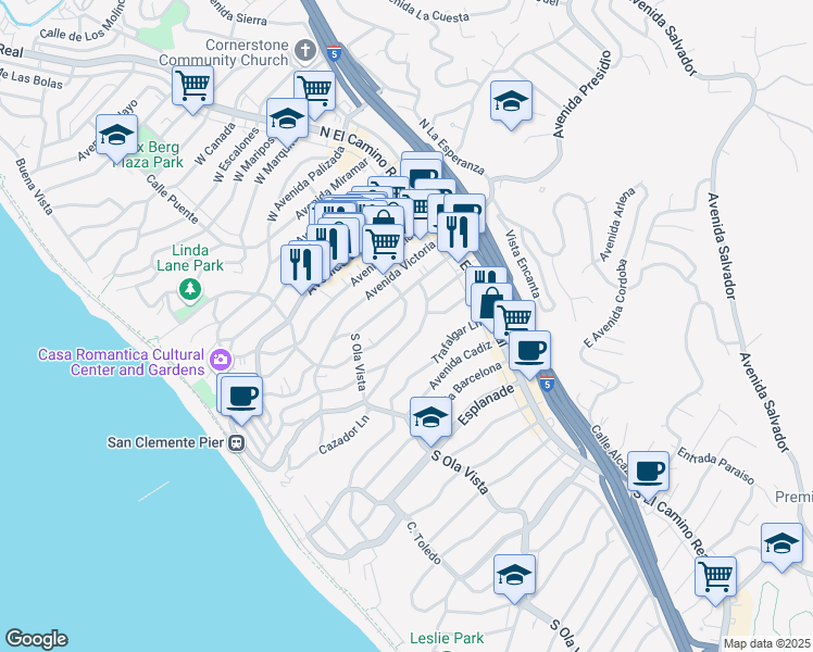 map of restaurants, bars, coffee shops, grocery stores, and more near 231 Avenida Santa Barbara in San Clemente