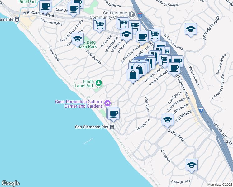 map of restaurants, bars, coffee shops, grocery stores, and more near 327 Avenida Cabrillo in San Clemente
