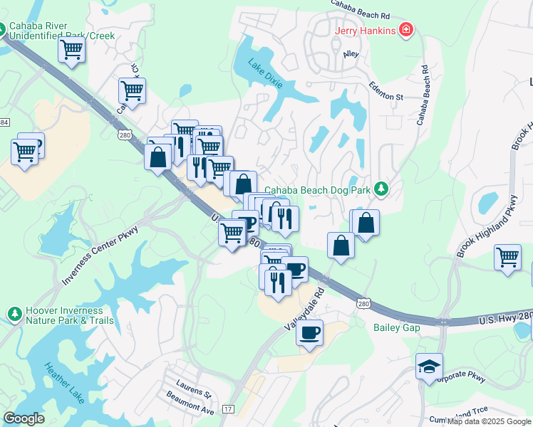 map of restaurants, bars, coffee shops, grocery stores, and more near 4713 U.S. 280 in Birmingham