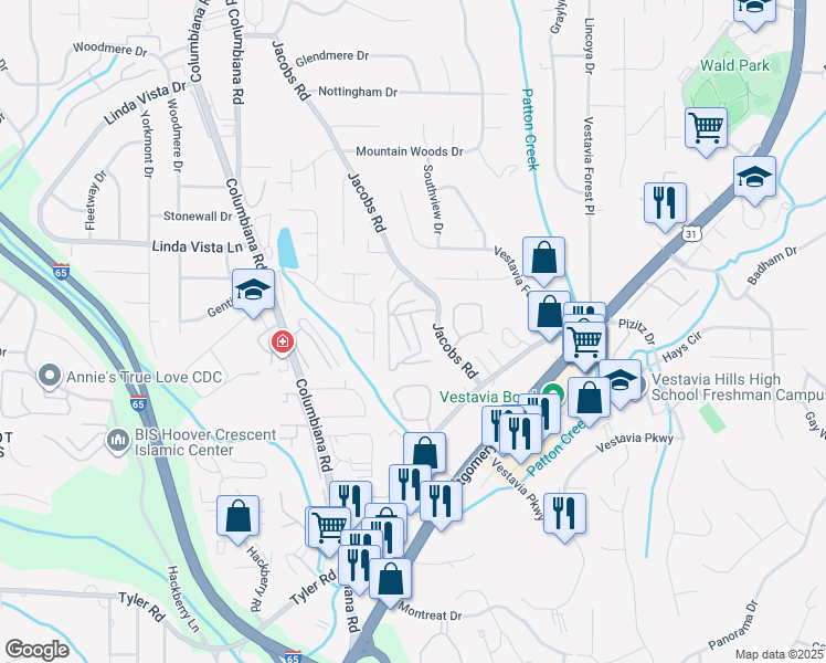 map of restaurants, bars, coffee shops, grocery stores, and more near 2563 Mountain Lodge Circle in Vestavia Hills