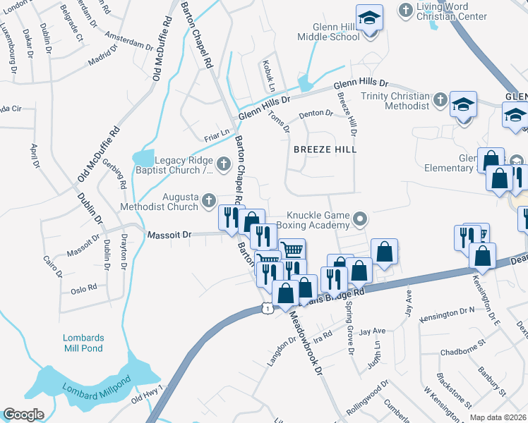 map of restaurants, bars, coffee shops, grocery stores, and more near 2902 Rasha Drive in Augusta
