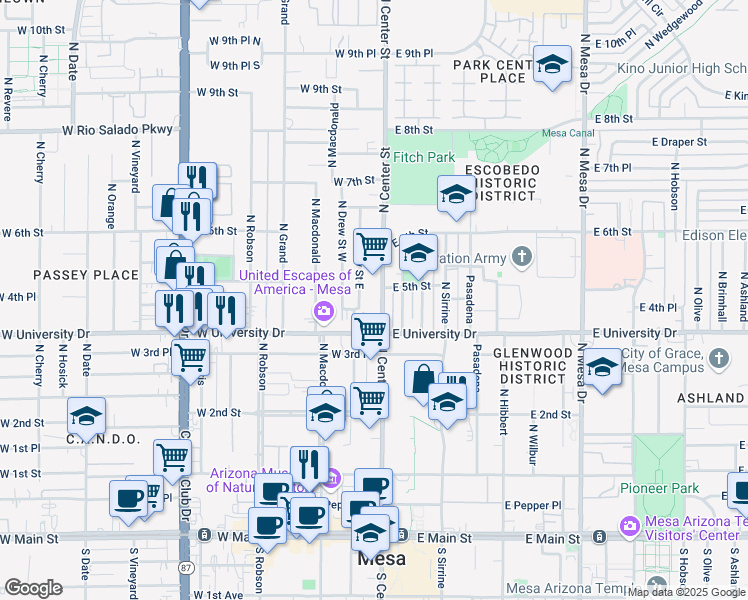 map of restaurants, bars, coffee shops, grocery stores, and more near 419 North Drew Street West in Mesa