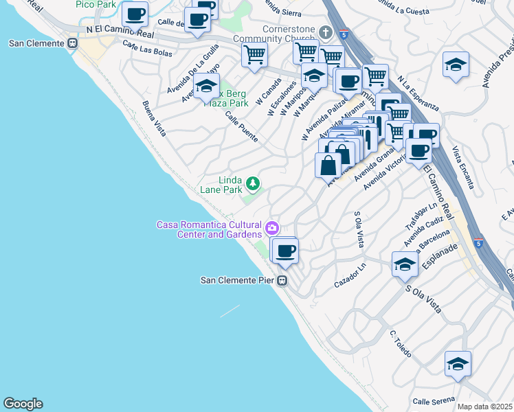 map of restaurants, bars, coffee shops, grocery stores, and more near 410 Arenoso Lane in San Clemente