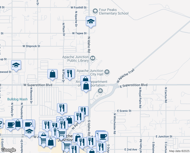 map of restaurants, bars, coffee shops, grocery stores, and more near 1035 North Idaho Road in Apache Junction