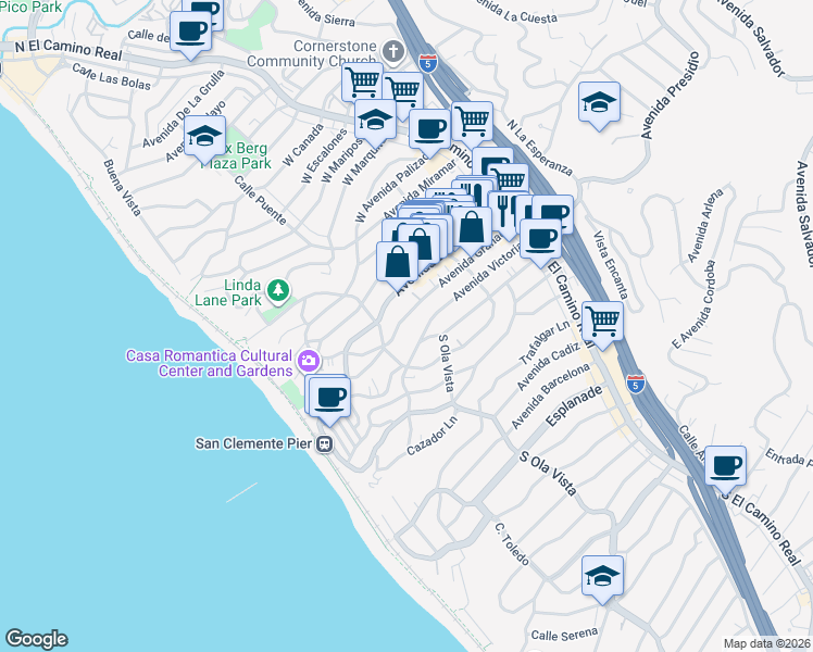 map of restaurants, bars, coffee shops, grocery stores, and more near 249 Avenida Granada in San Clemente