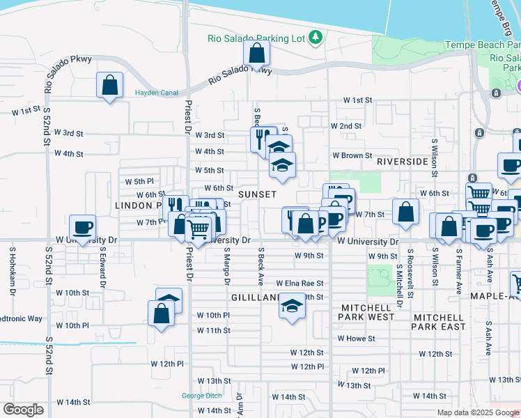 map of restaurants, bars, coffee shops, grocery stores, and more near 1150 West University Drive in Tempe