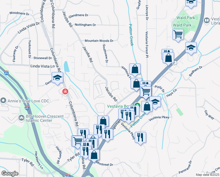 map of restaurants, bars, coffee shops, grocery stores, and more near 1810 Arboretum Circle in Vestavia Hills