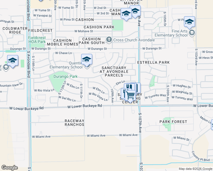 map of restaurants, bars, coffee shops, grocery stores, and more near 2505 South 109th Drive in Avondale