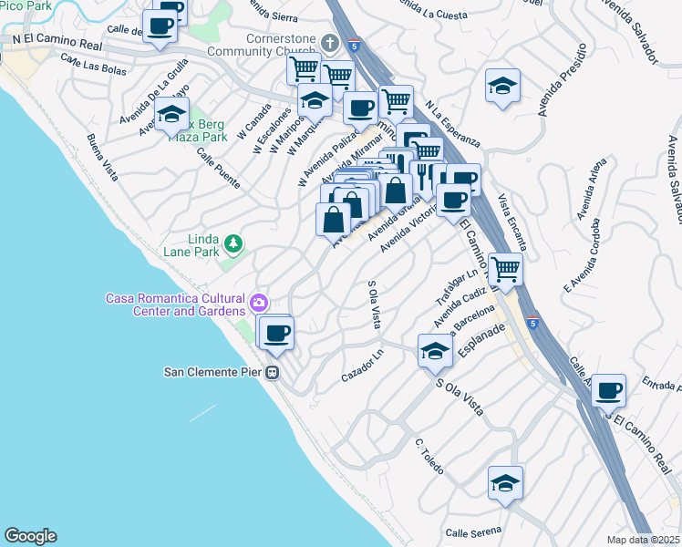 map of restaurants, bars, coffee shops, grocery stores, and more near 249 Avenida Granada in San Clemente