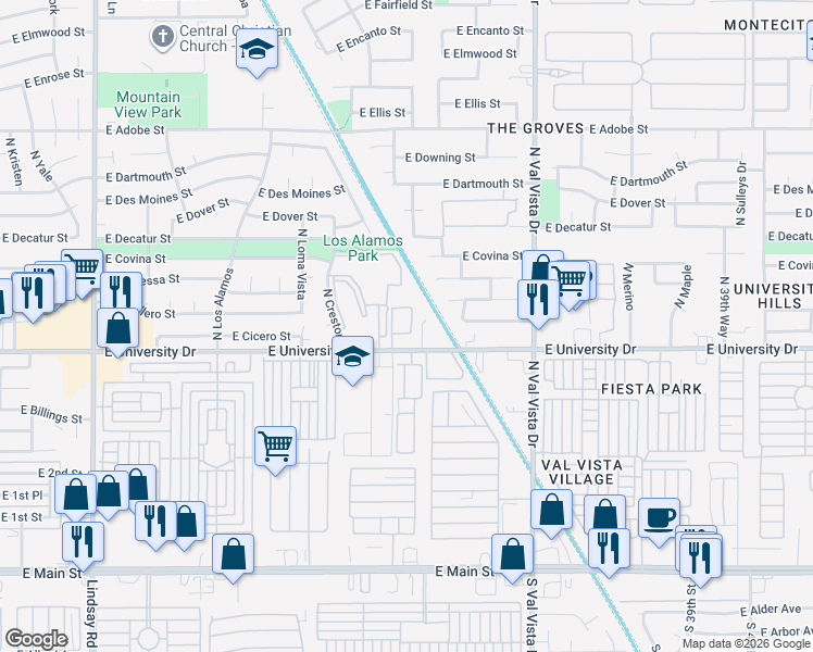 map of restaurants, bars, coffee shops, grocery stores, and more near 3422 East University Drive in Mesa