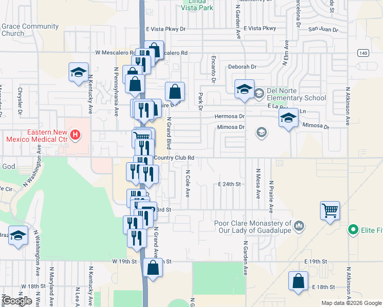 map of restaurants, bars, coffee shops, grocery stores, and more near 306 East Country Club Road in Roswell