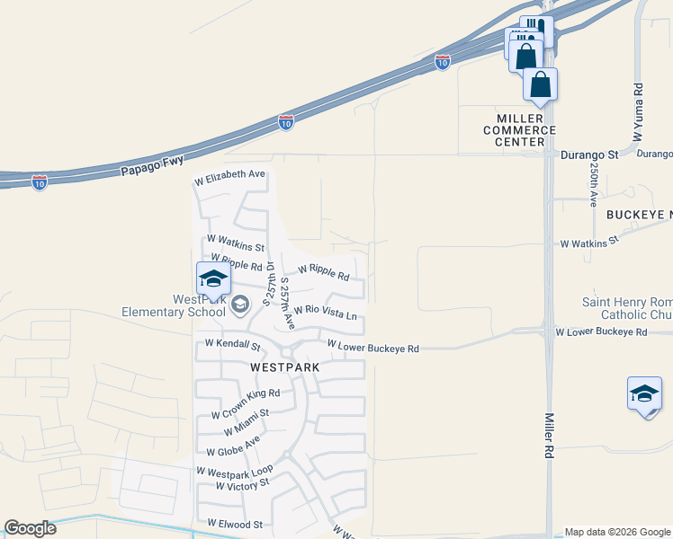 map of restaurants, bars, coffee shops, grocery stores, and more near 25539 West Ripple Road in Buckeye