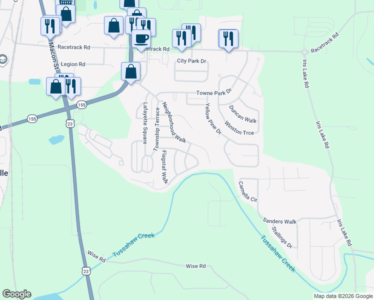 map of restaurants, bars, coffee shops, grocery stores, and more near 4005 Tussahaw Crossing in McDonough