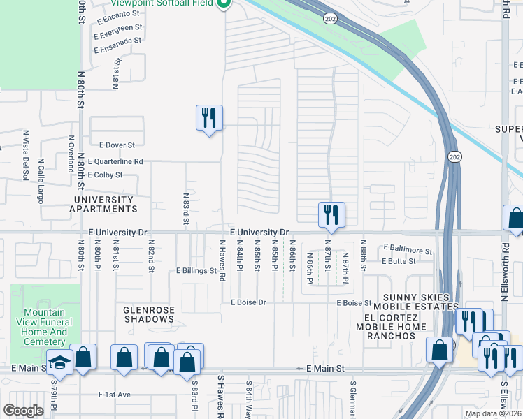 map of restaurants, bars, coffee shops, grocery stores, and more near Ln 3000 in Mesa