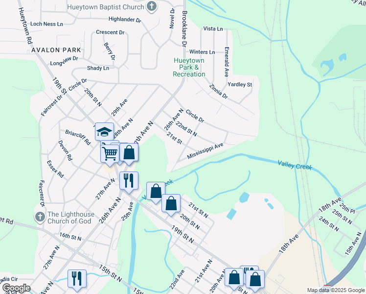 map of restaurants, bars, coffee shops, grocery stores, and more near 2500 21st Street in Hueytown
