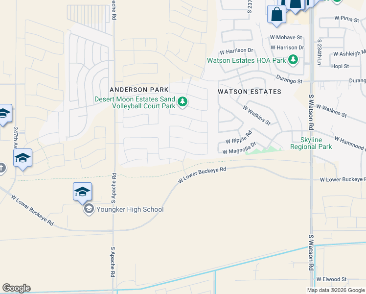 map of restaurants, bars, coffee shops, grocery stores, and more near 24034 West Flores Drive in Buckeye